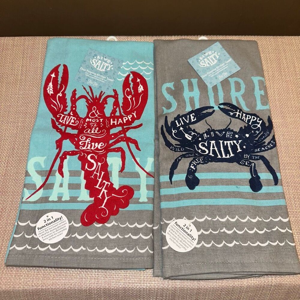 Live Salty Nautical Theme Kitchen Dish Towels Set of 2 Crab Lobster Ocean NWT
